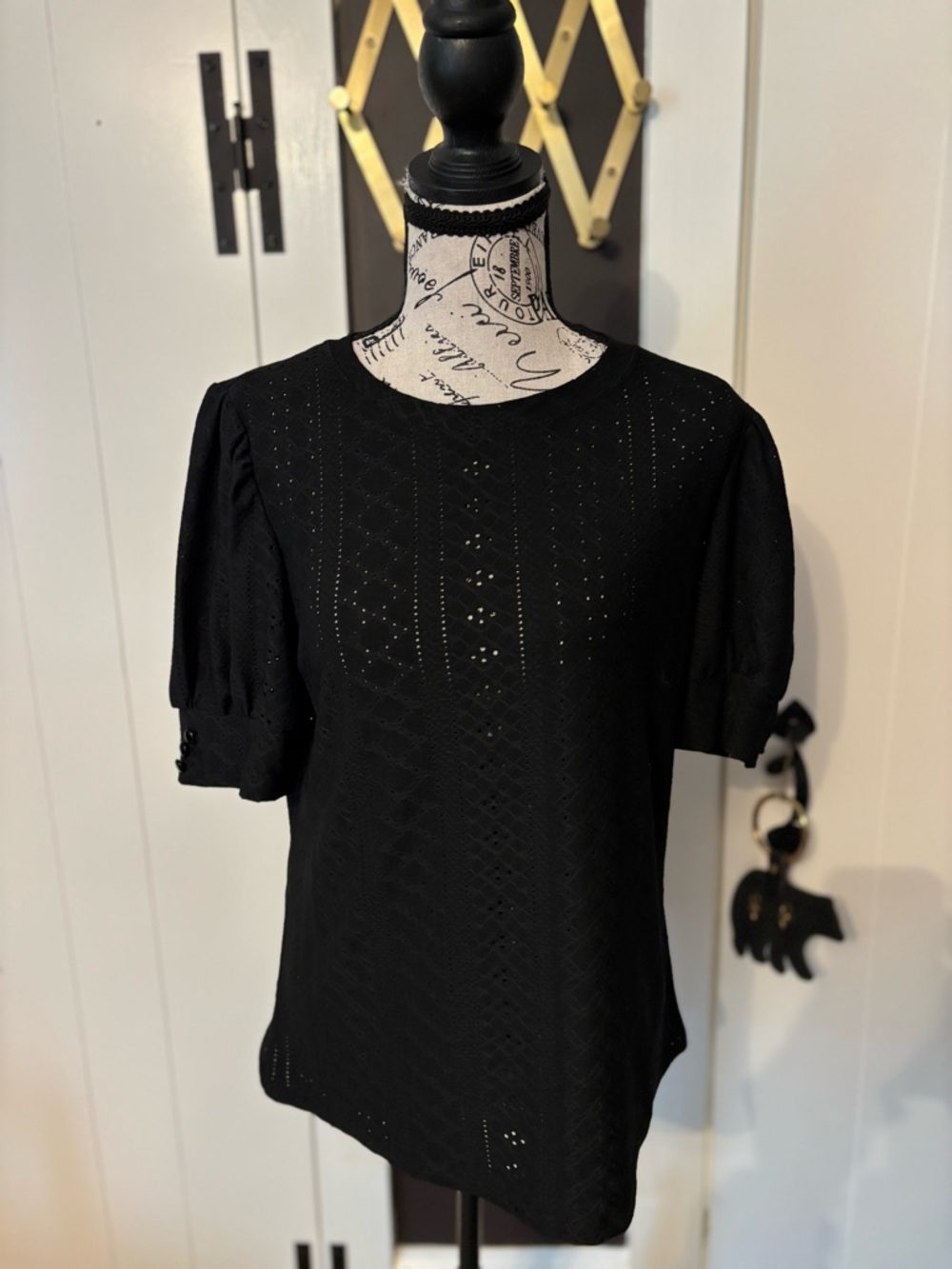 Black Eyelet Puff-Sleeve Blouse